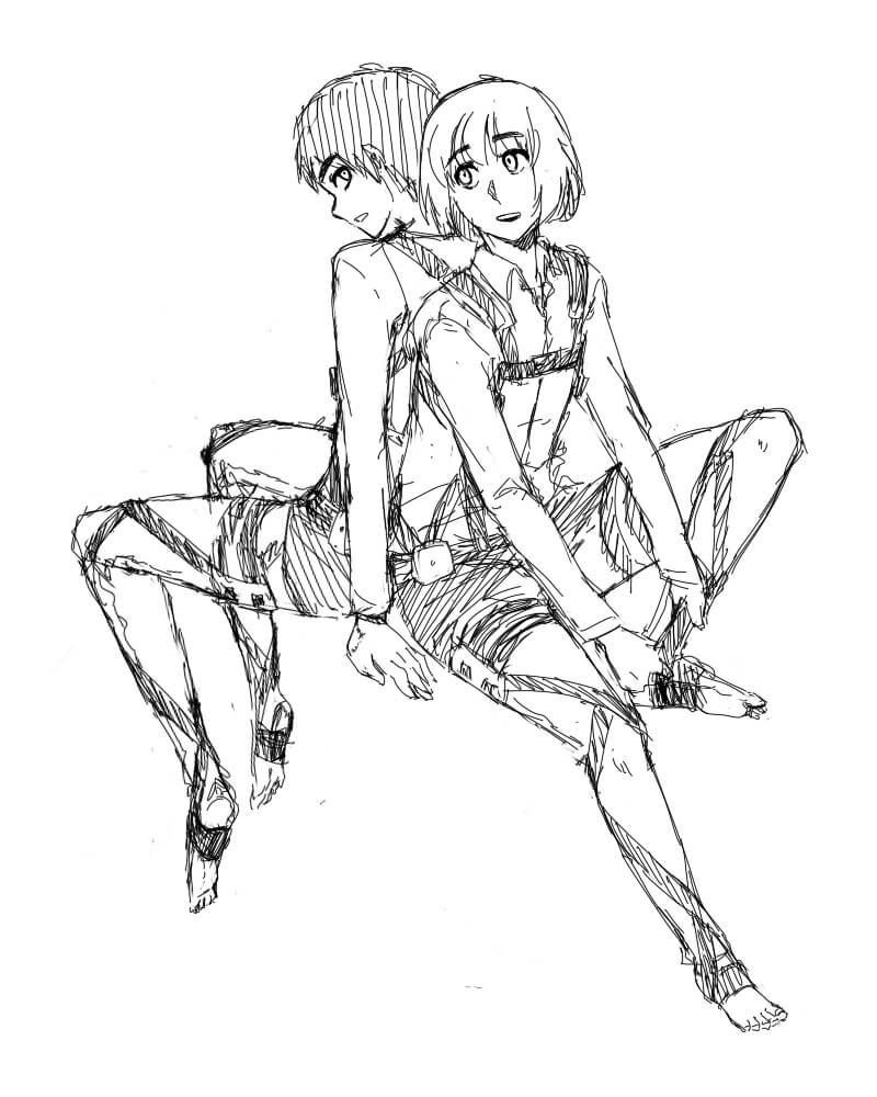 Eren and Armin sitting back to back, probably post-combat. Armin is adjusting his gear.