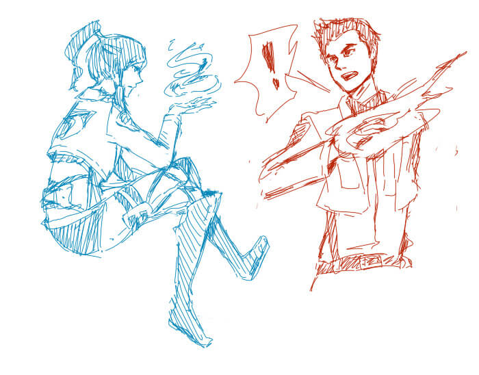 Korra and Mako dressed in Attack on Titan uniforms, and also bending water and fire.