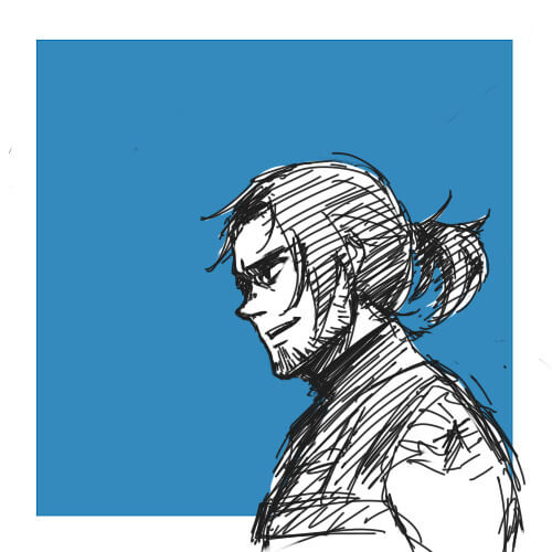 Bust sketch of Bucky Barnes, with his hair tied up in a short ponytail