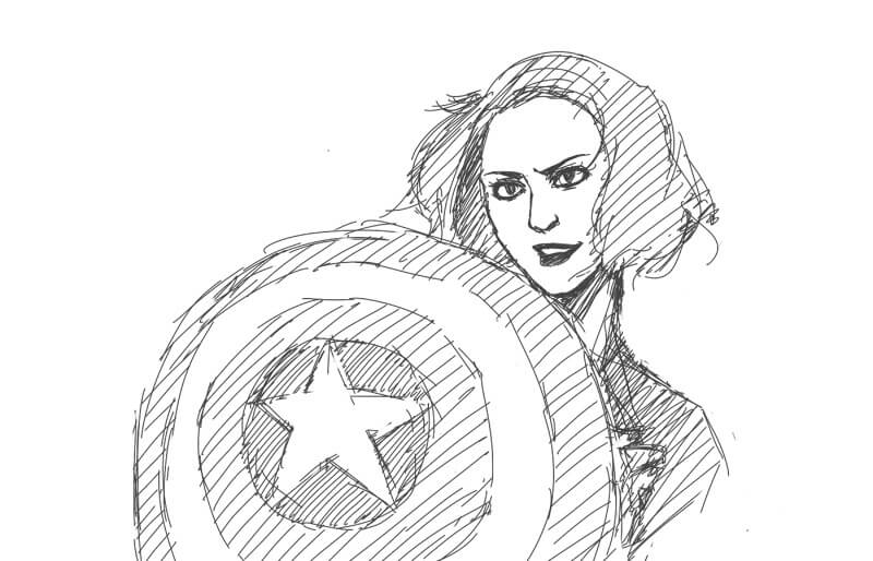 Natasha Romanoff with short hair holding Captain America's shield.