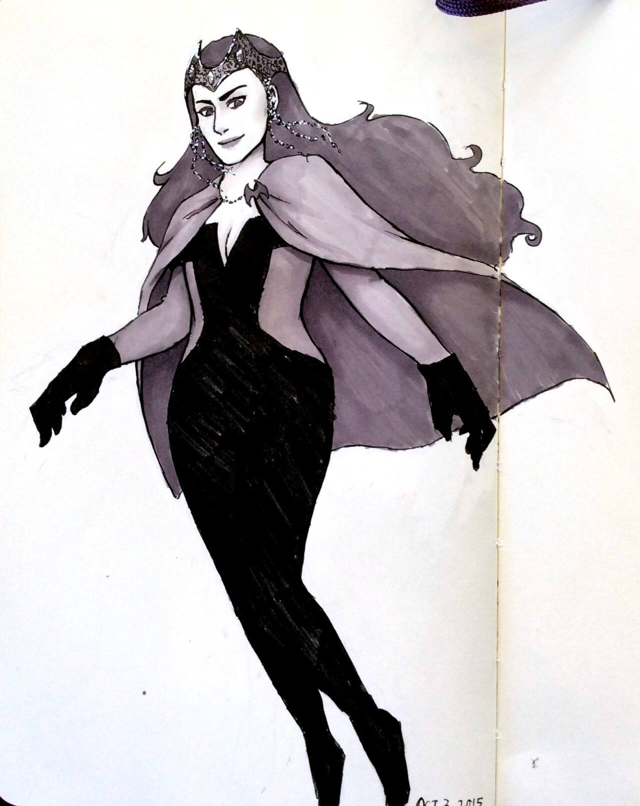 Ink drawing of Scarlet Witch. She has a delicate beaded headdress, cape, and is wearing a body suit with a deep V cut.