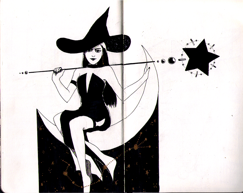 Witch sitting on a moon with star staff.