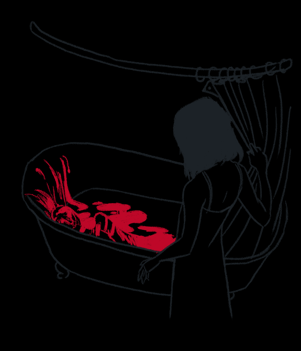 A figure standing over a bloody corpse in a bathtub.