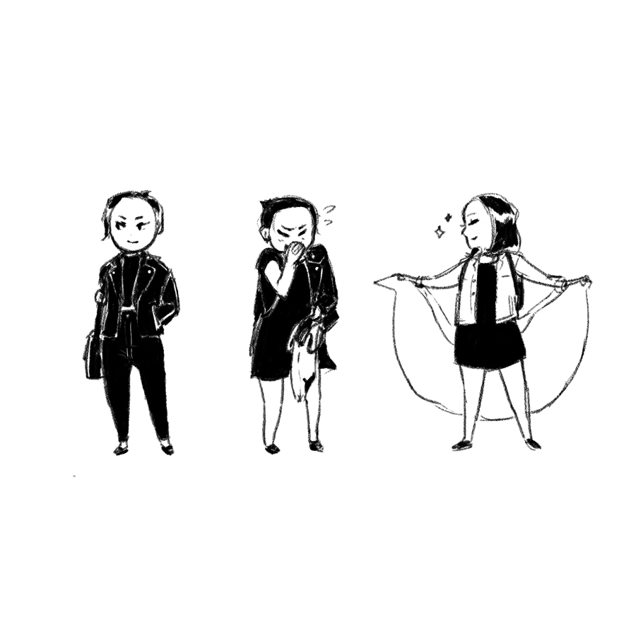 Cartoon me wearing three different outfits.