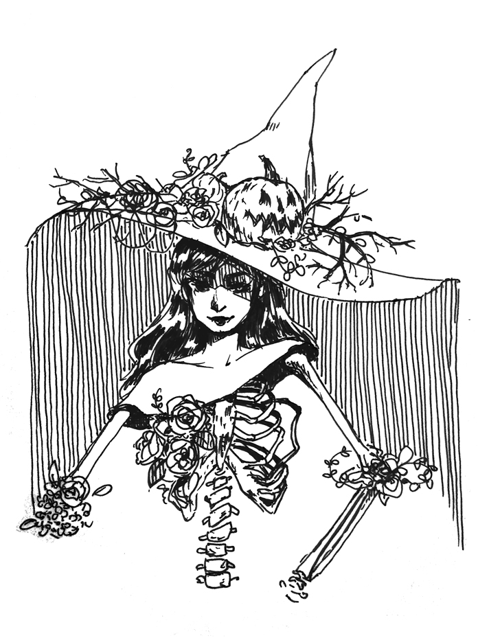 Female character with a big witch hat, exposed ribcage, and flowers growing around her.