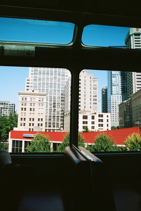Seattle cityscape, sceen through the windows of the monorail.