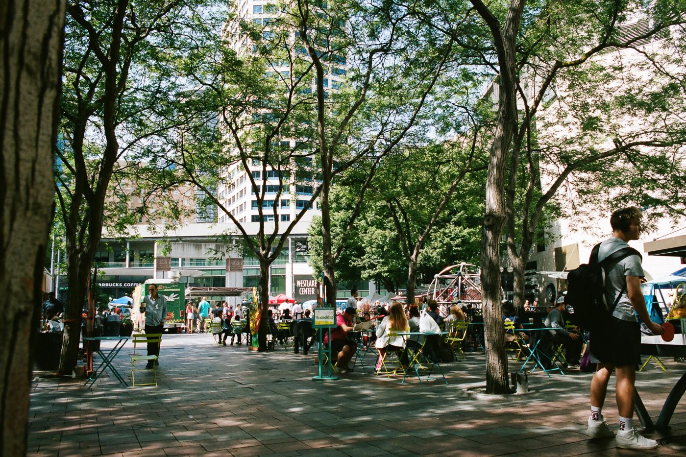 A public space with tables and chairs, where many people are spending time under the shade of trees.