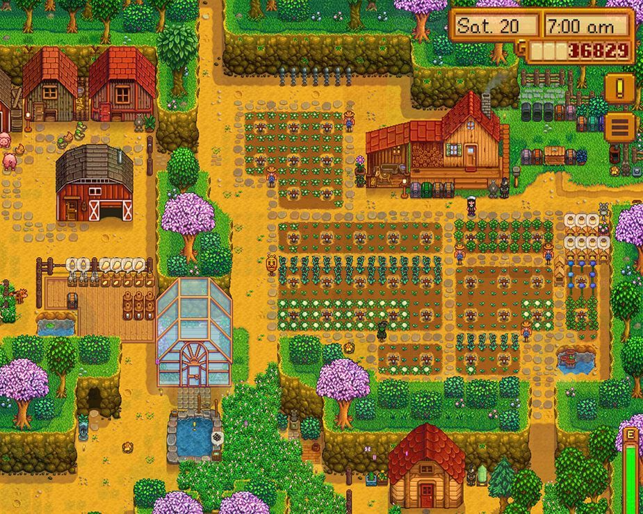 My thriving farm with lots of buildings and crops.
