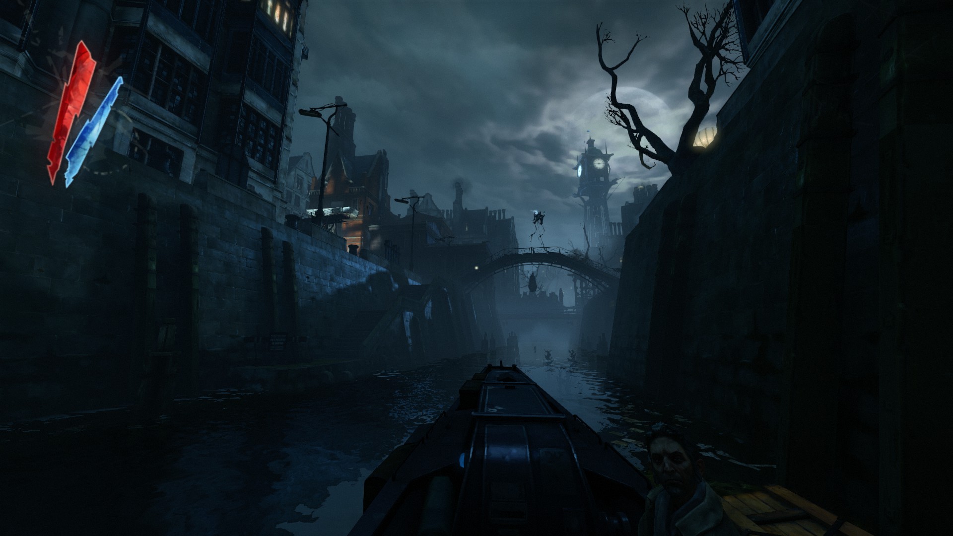 A dark and spooky city with a clock tower in the distance.