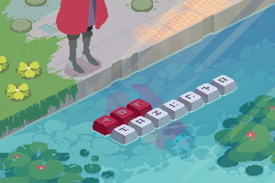 Drifter character standing over their reflection in water, where keycaps are floating.