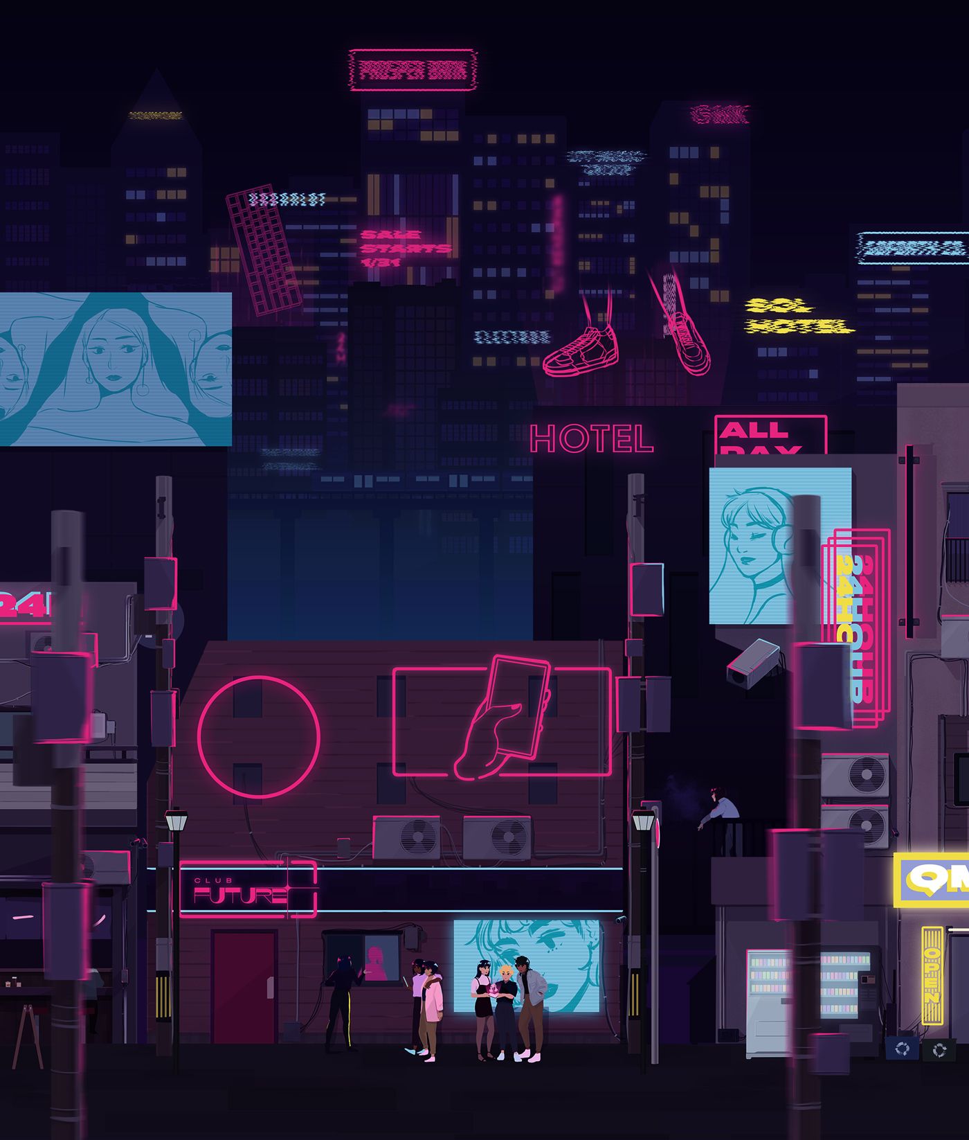 A cityscape with many floating neon lights and signs. In the front is a club with people waiting outside.