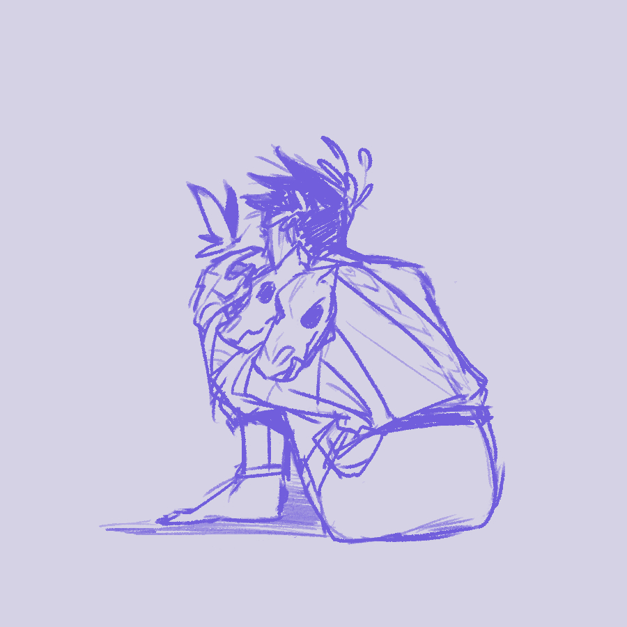 Zagreus sitting on the floor with a butterfly on his finger.