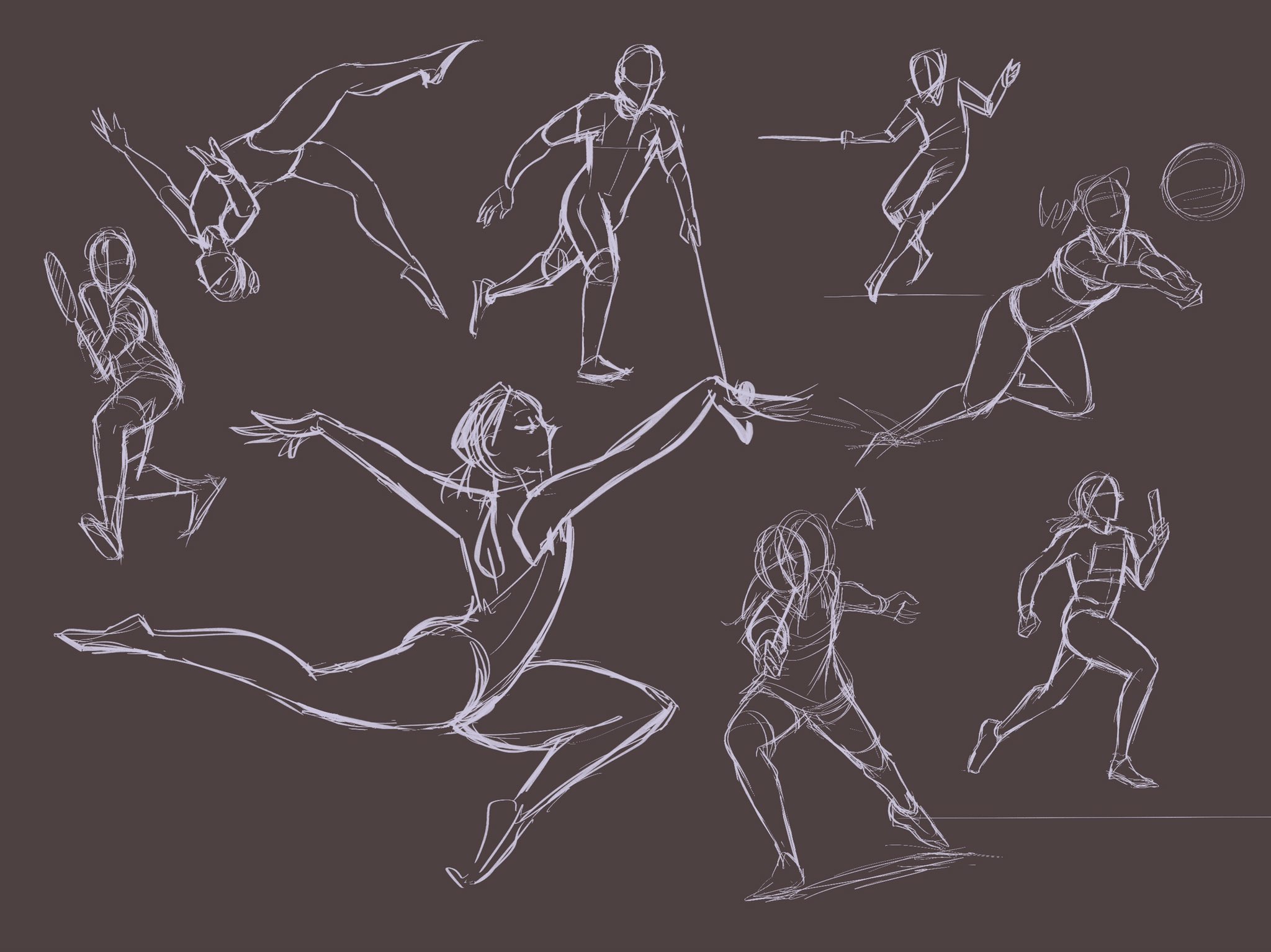 Various sketches of athletes in motion.