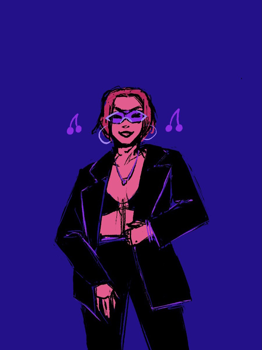 Rina smiling with a bisexual lighting colour palette.