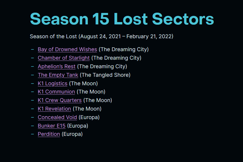 Normal text list of the lost sectors.