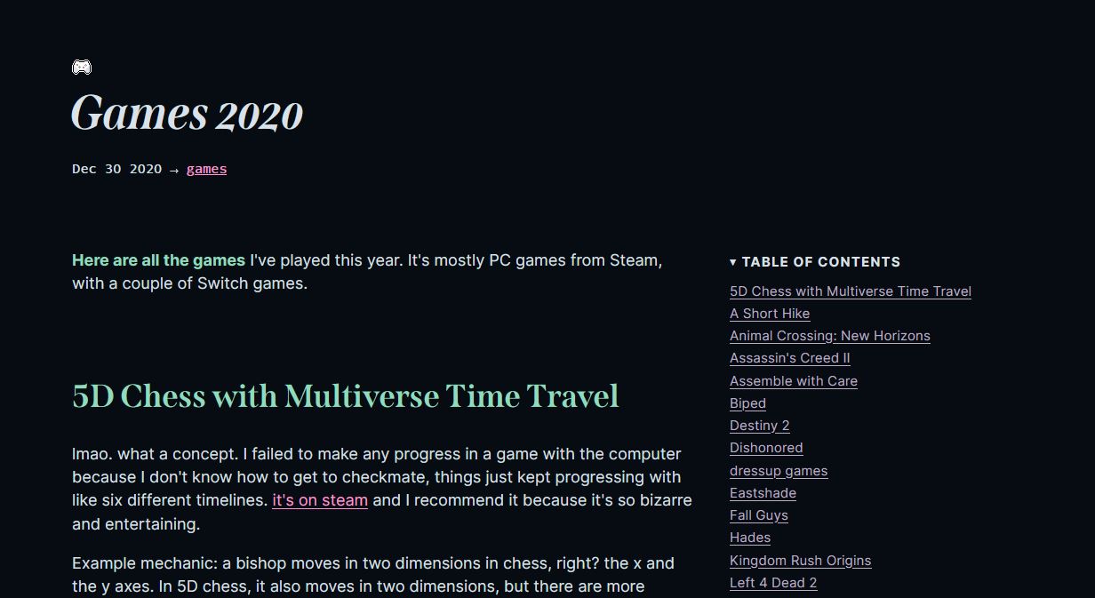 A Table of Contents listing out all the games I played.
