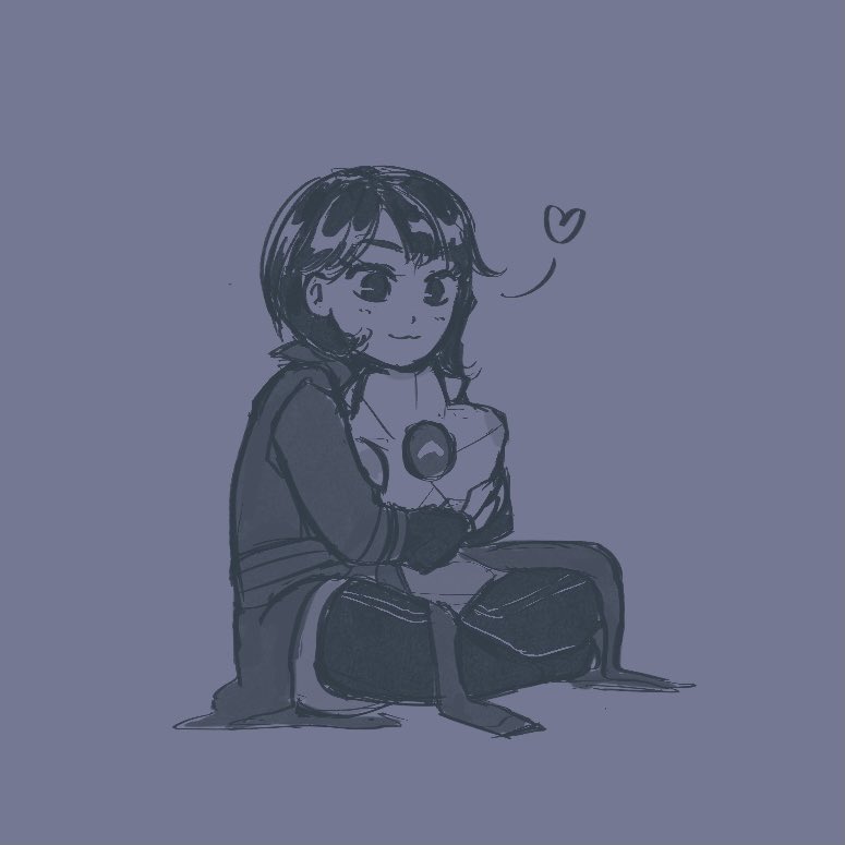 Chibi of warlock sitting cross legged hugging a big Ghost.