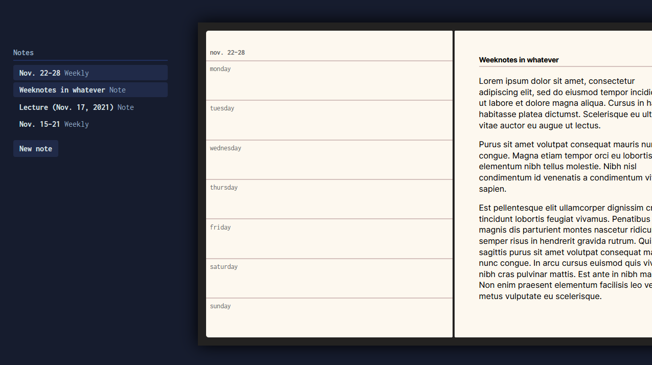 Preview showing a weekly page, notes page, and a sidebar listing all notes.