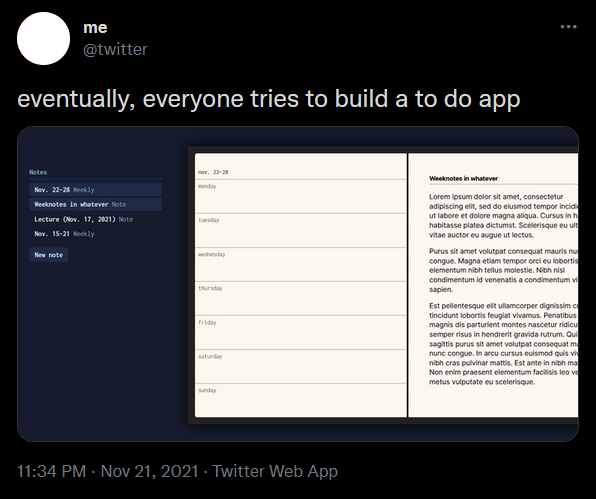 My tweet that says 'eventually, everyone tries to build a to do app.'