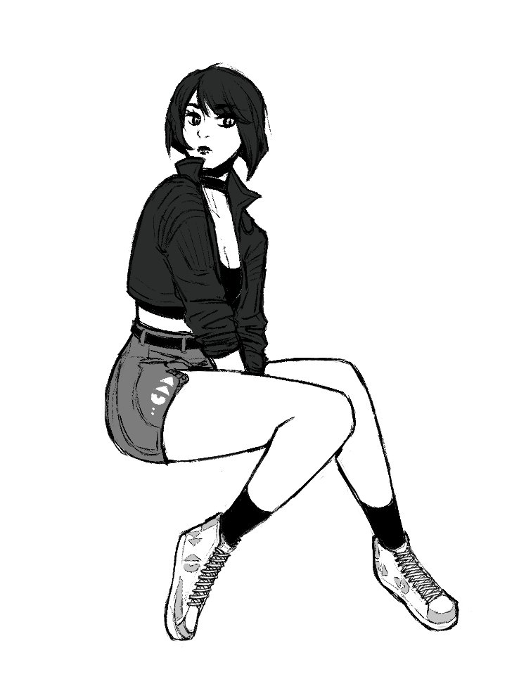 Warlock in stylized casual clothing, with shapes on her shorts and sneakers reminiscent of pyramid symbolism.