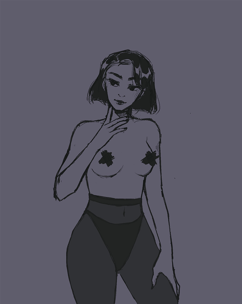 Sketch of a topless woman wearing only underwear and sheer tights. Her chest is censored with X's.