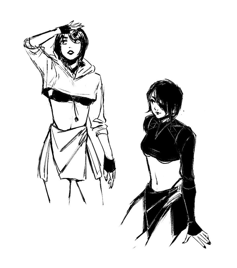 Sketches of two women wearing very short tops that show underboob.
