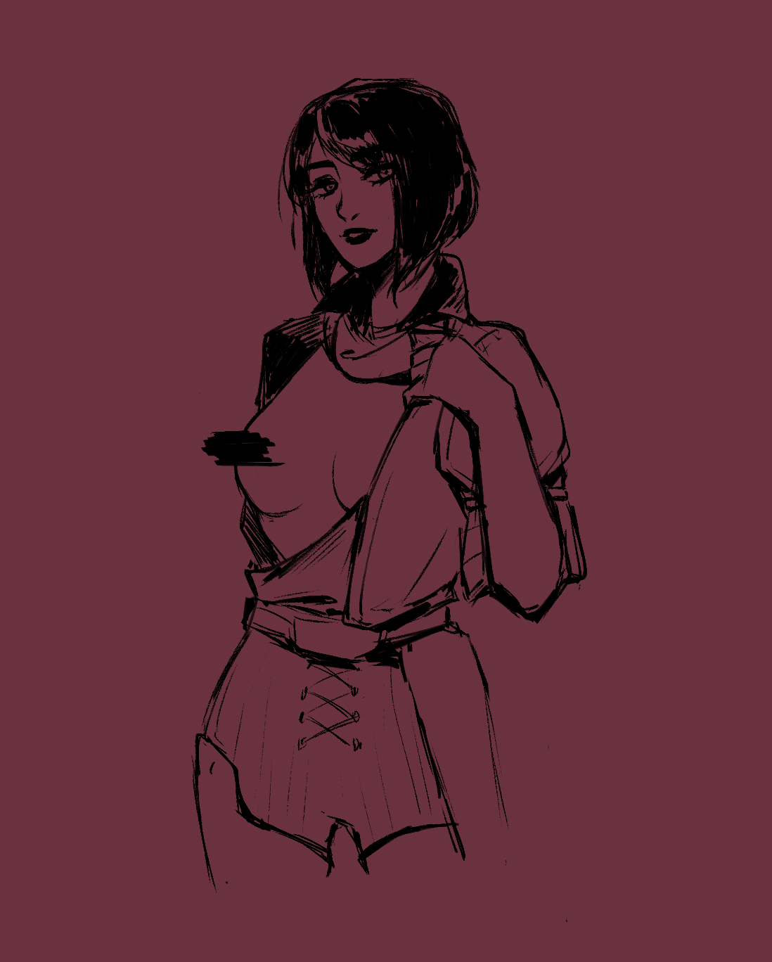 Sketch of a woman holding open her shirt. Her chest is censored with a scribble.