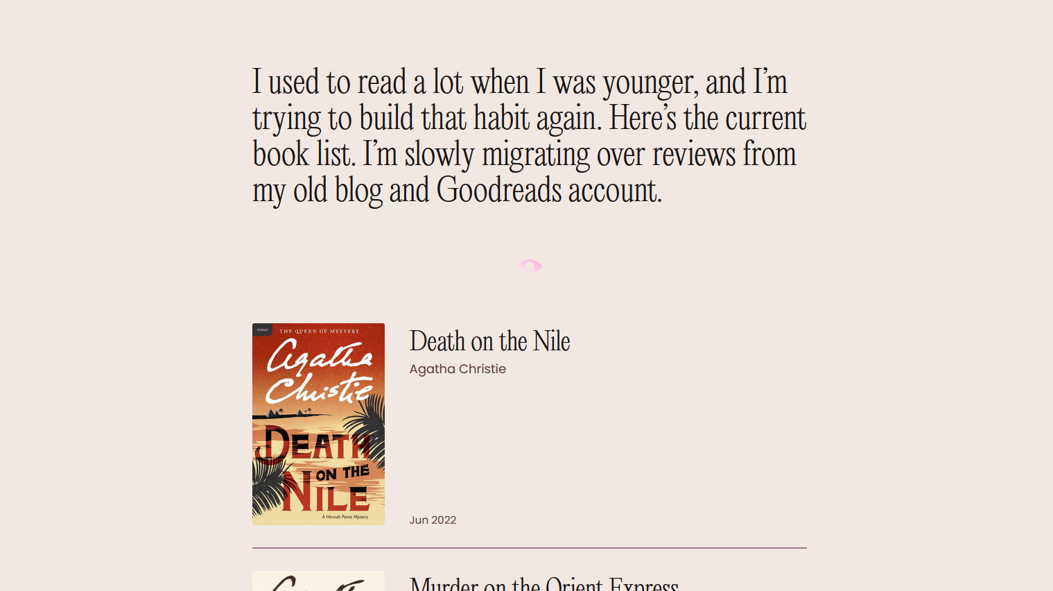 My reading list page, showing a short description at the top in big text and a listing of my latest read book.