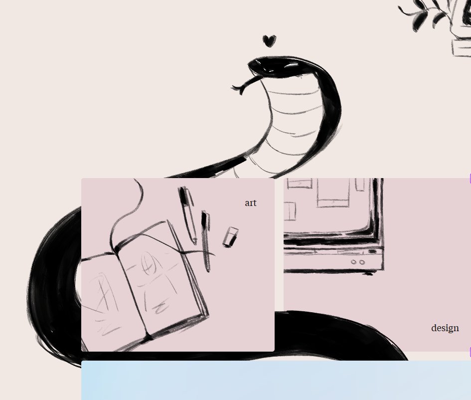 A big drawing of a snake winding around a couple of my comic panels that read 'art' and 'design.'