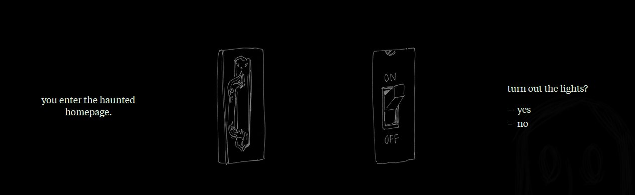A sequence of text and pictures. First: 'You enter the haunted homepage'. Then a sketch of a door handle. Next: a closeup sketch of a light switch, switched to 'on'. The text next to it reads 'turn out the lights?' with yes and no options below it.