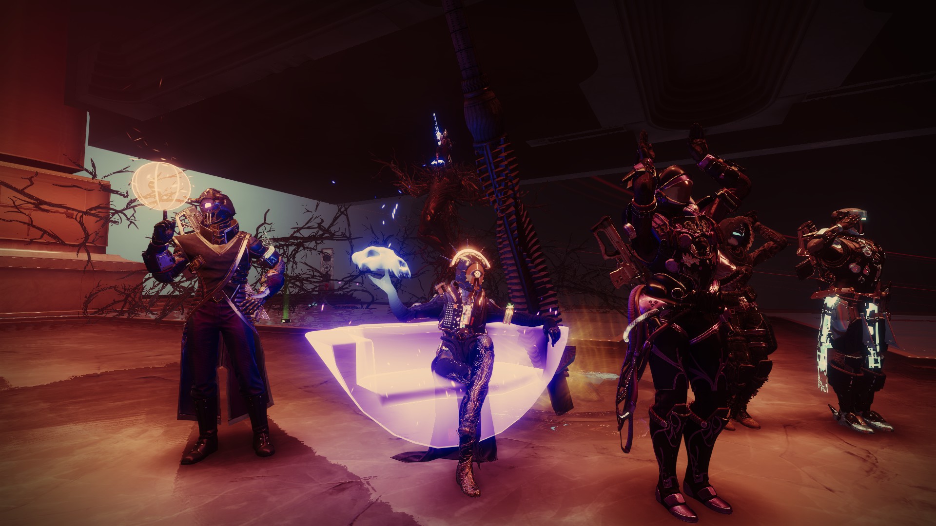 Six guardians emoting in front of Rhulk's glaive after he's defeated.