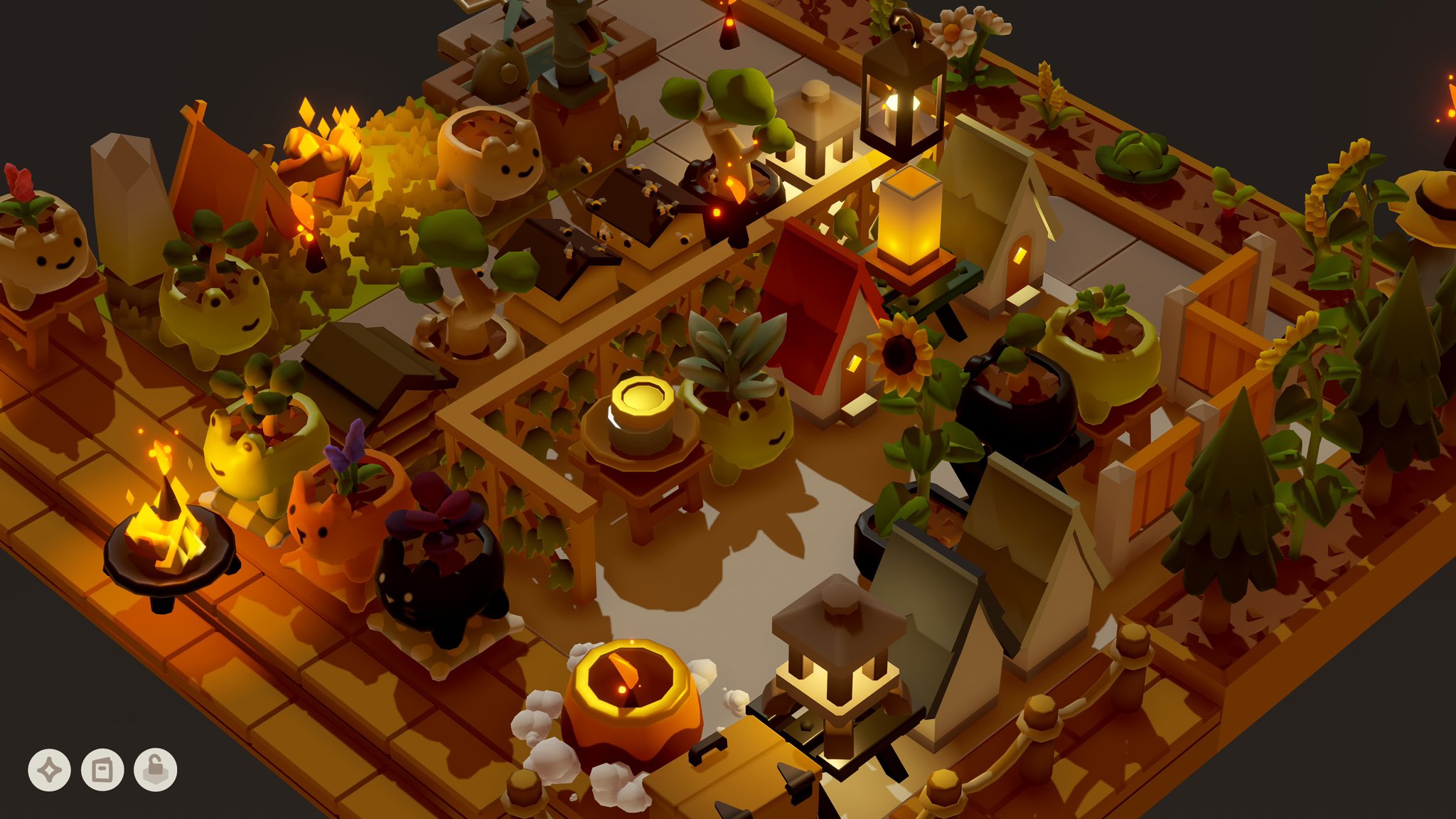 An isometric 3d model of cute home and plant themed items, like fences, animal planters, flowers, and many different plants. The lighting is dark and the environment is lit by various lanterns and campfires.