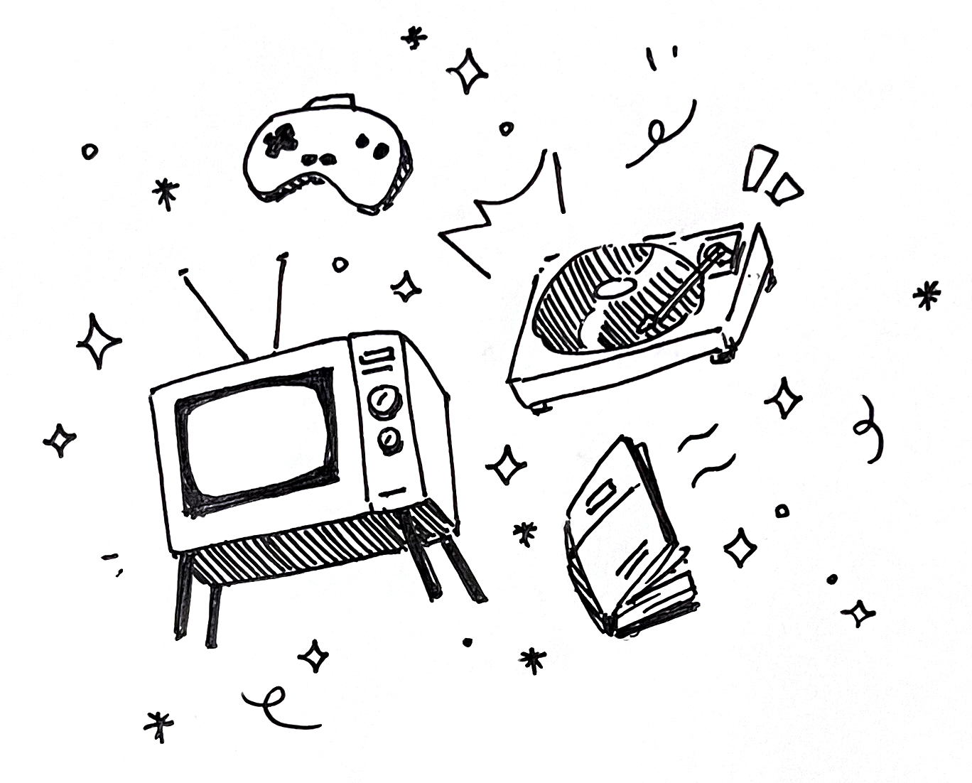 Doodles of a retro tv set, record player, game controller, and book, and decorated with sparkles.