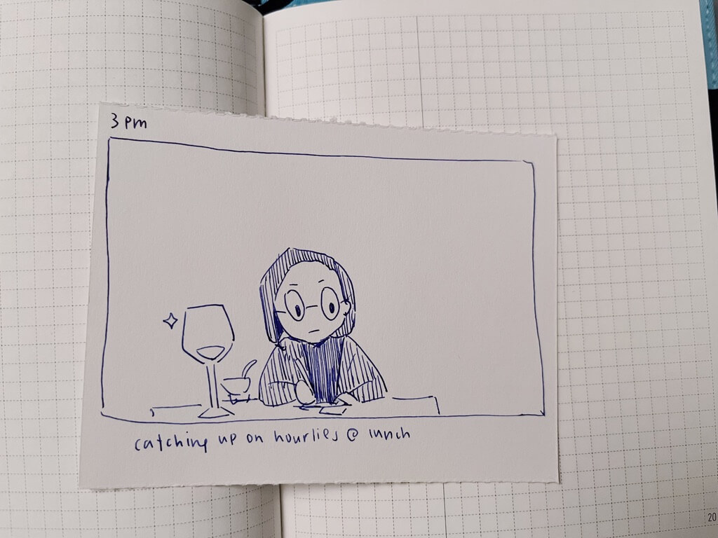 3pm. Catching up on hourlies at lunch. I’m drawing while still enjoying my wine.