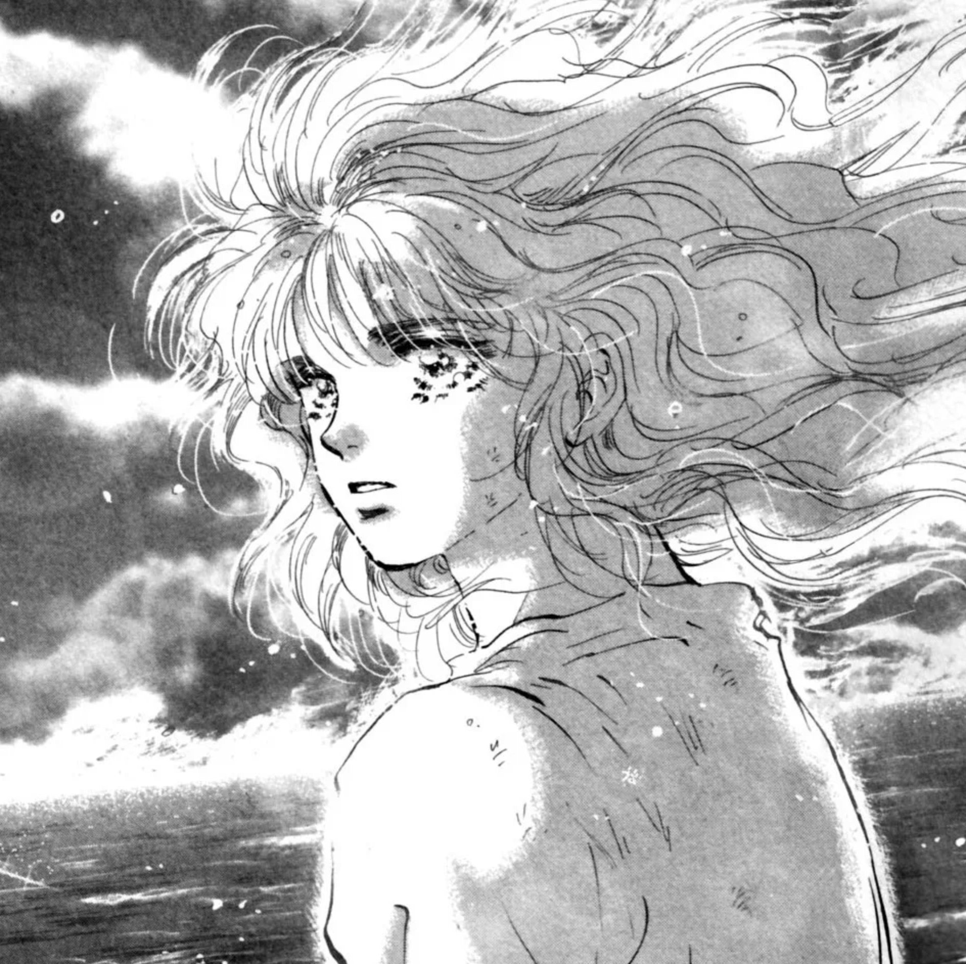 Panel closeup of a girl with long flowing hair, standing by the water.
