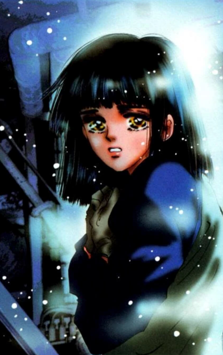 Coloured panel of a teenage girl gazing at the viewer, looking concerned.