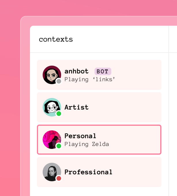 A list of my personas on my website. 'anhbot' has a status called 'playing links' and my personal persona has a status called 'playing Zelda'.