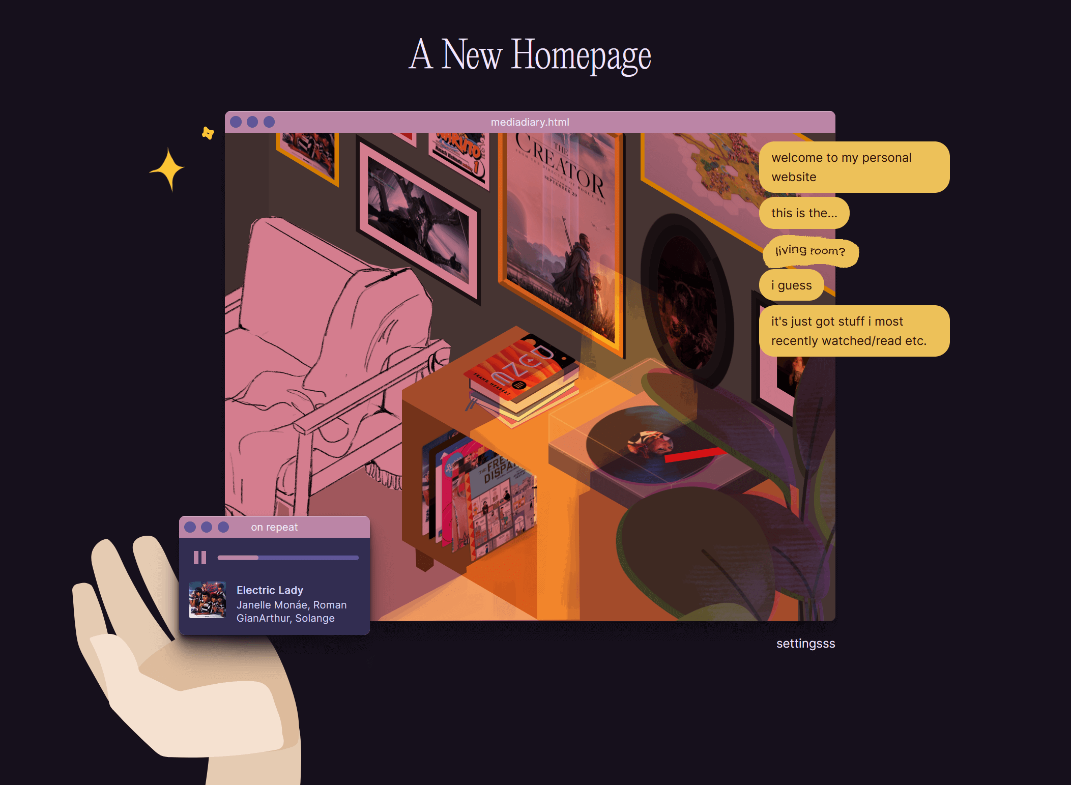 A drawing of a room with a chair, media console, and a gallery wall of framed images. Images of movie posters, game screenshots, books, and album covers are interspersed throughout the drawing, such as in photo frames. The whole drawing is framed as a software window, with popups on top highlighting a song as well as chat bubbles introducing the page.