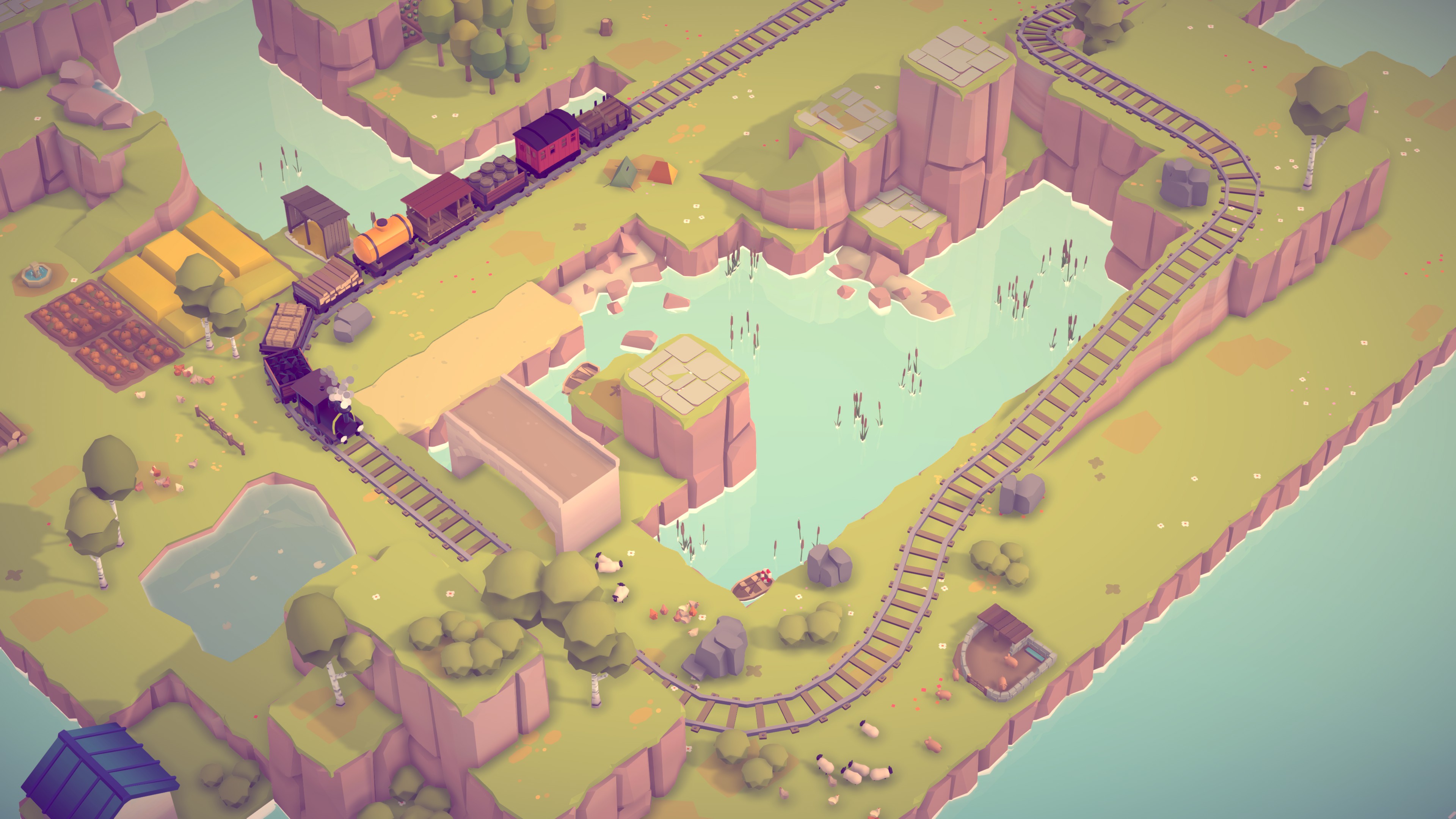 Idyllic game screenshot showing a train track going in a loop around a big pond. Around it are farm animals and trees.