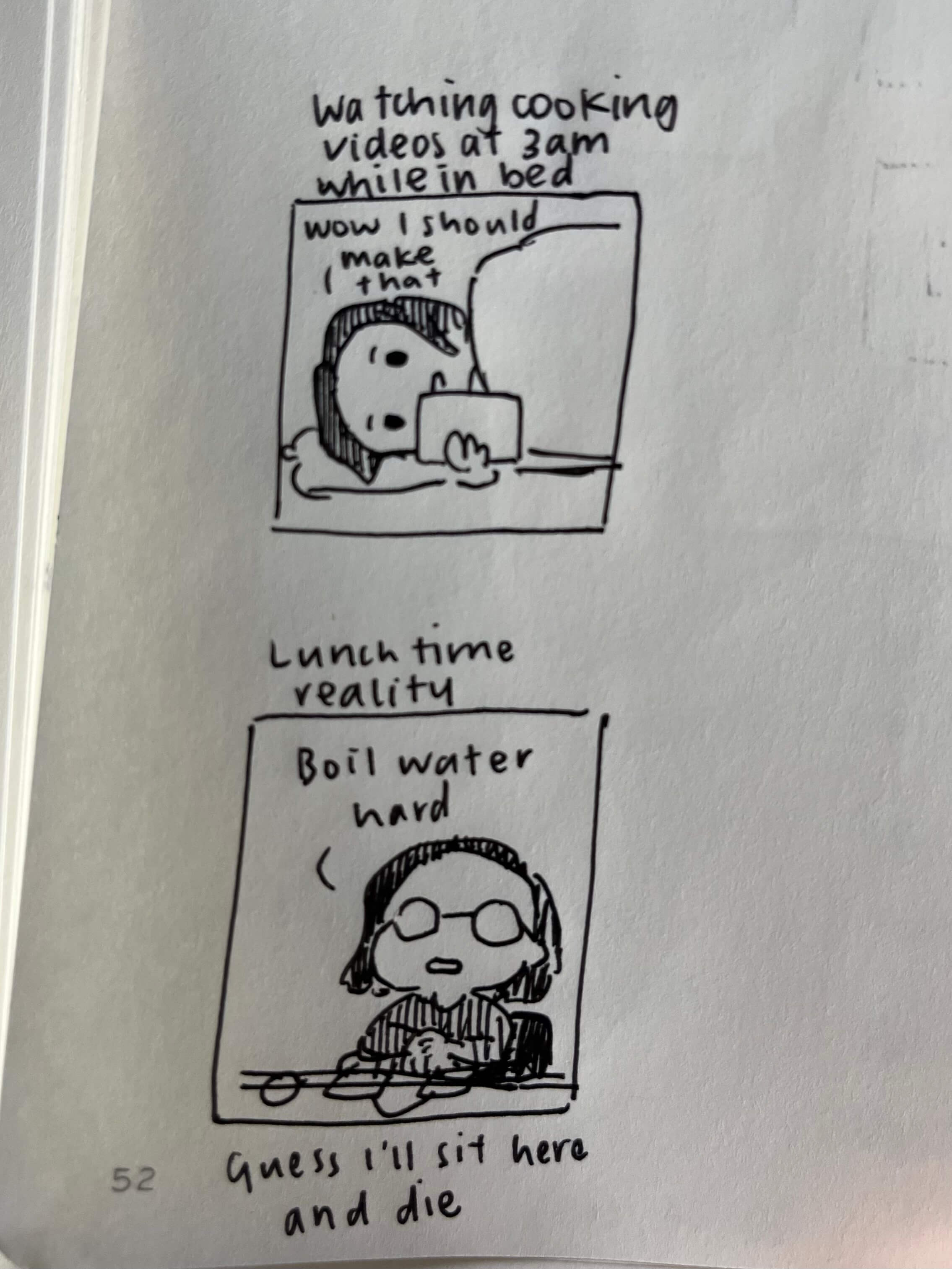 Two panel comic. 1) titled ‘watching cooking videos at 3am while in bed.’ Panel shows me lying down and looking at my phone on my side, saying ‘wow I should make that.’ 2) titled ‘lunch time reality.’ Panel shows me sitting at my desk looking into space, saying ‘boil water hard. Guess I’ll sit here and die.’