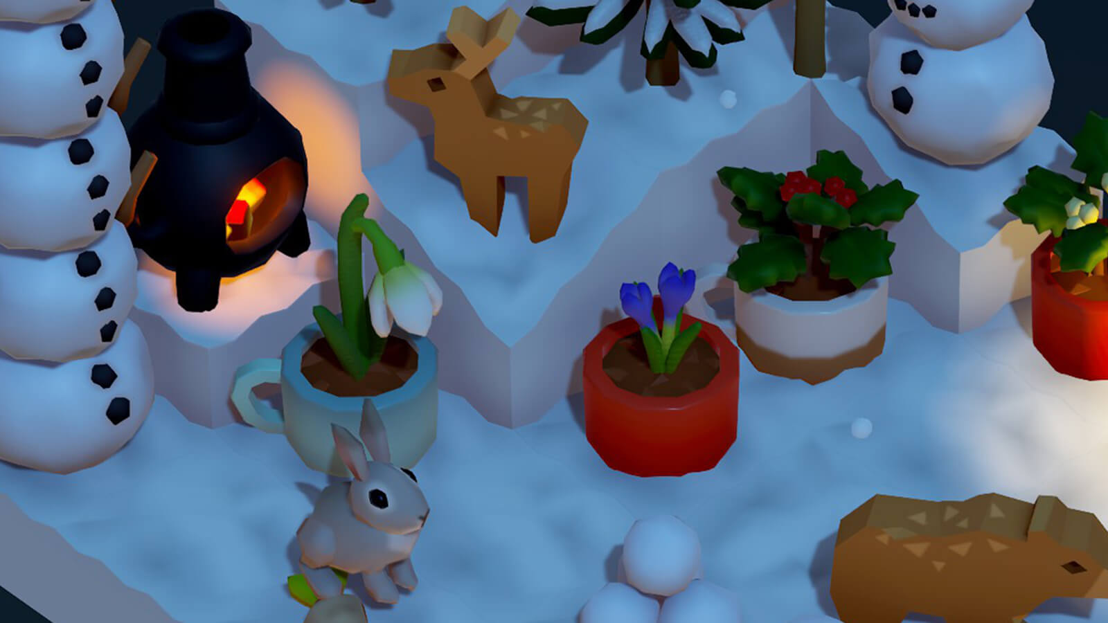 A wintry scene made up of isometric blocks, featuring a bunny, lots of snow, and various plants in teacups.
