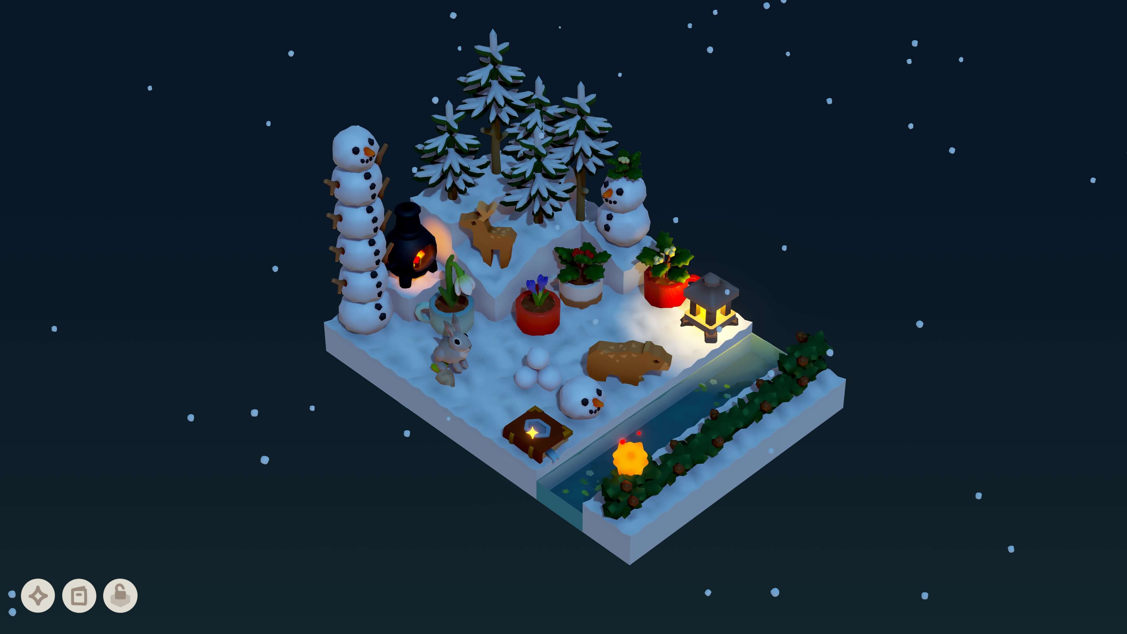 Game screenshot: a cozy winter night scene with several snowmen, winter plants, and lights. The art style is cute and isometric.