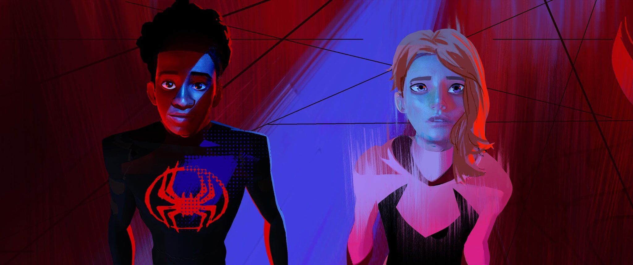 Concept art of Miles and Gwen looking up at Miguel, with dramatic blue lighting and red shadows.