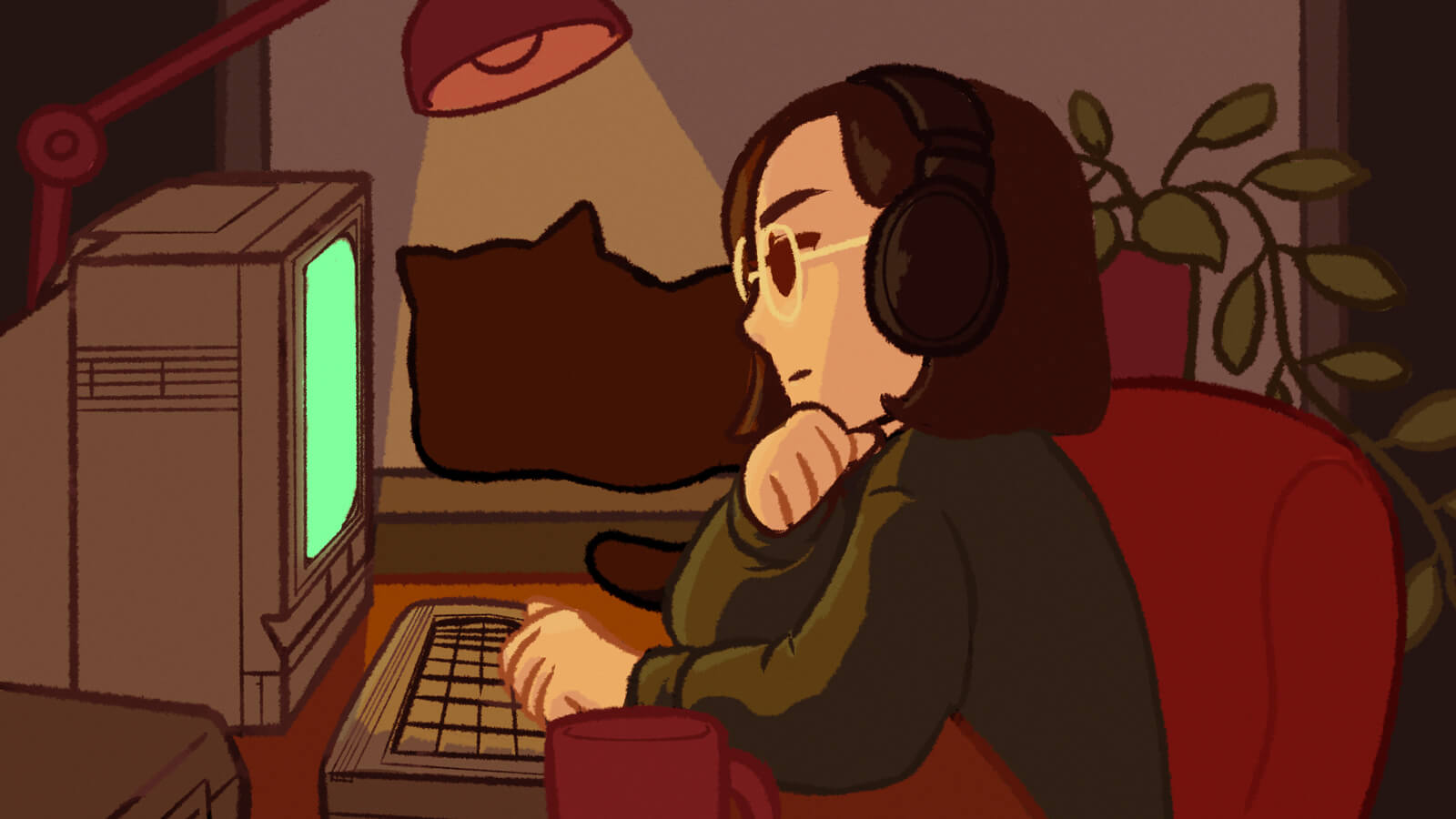 Digital illustration of myself drawn in the 'lofi beats girl' style. I'm sitting at my desk using a vintage computer and listening to music. A cat sits on the window sill next to me.