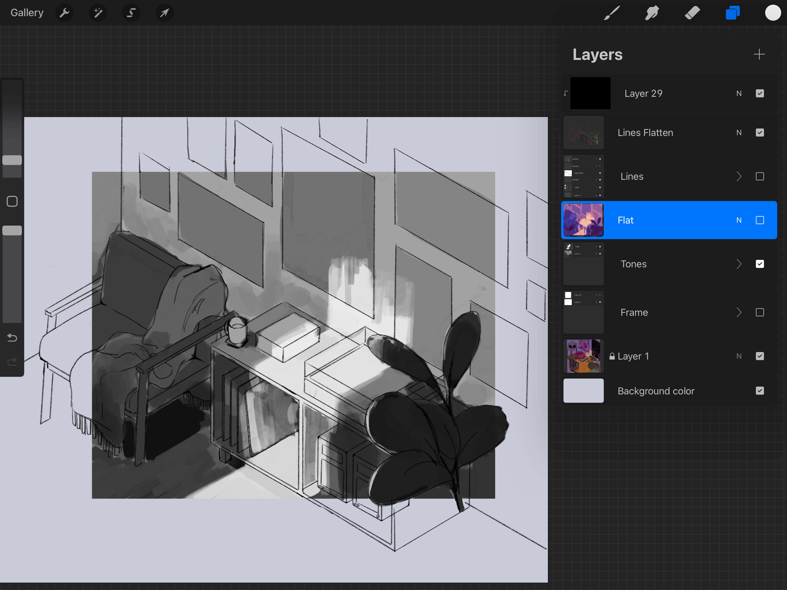 Sketch of a room, shaded in black and white 