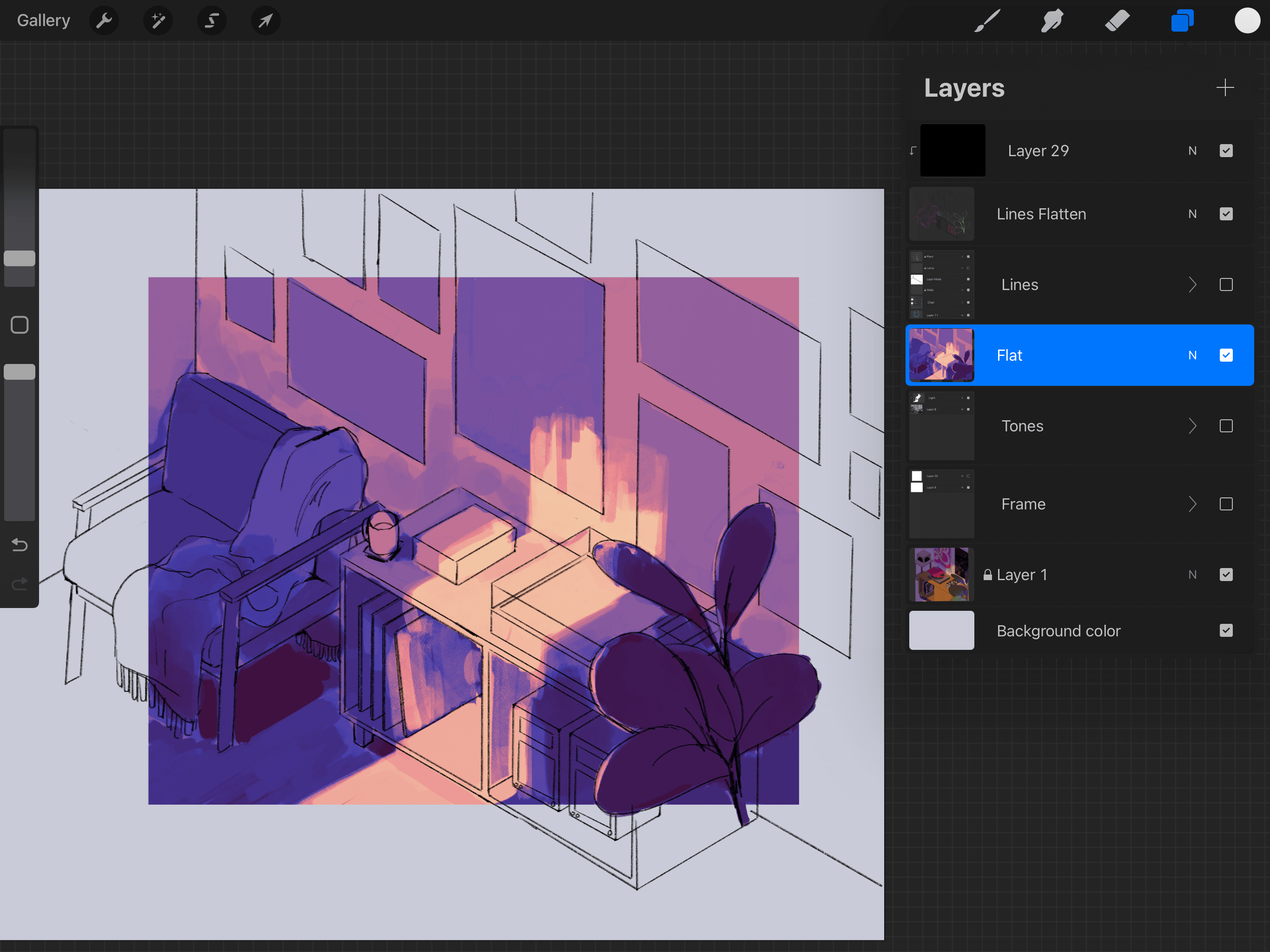 The same room sketch, but in colour where light tones are a yellowish pink and dark tones and purple