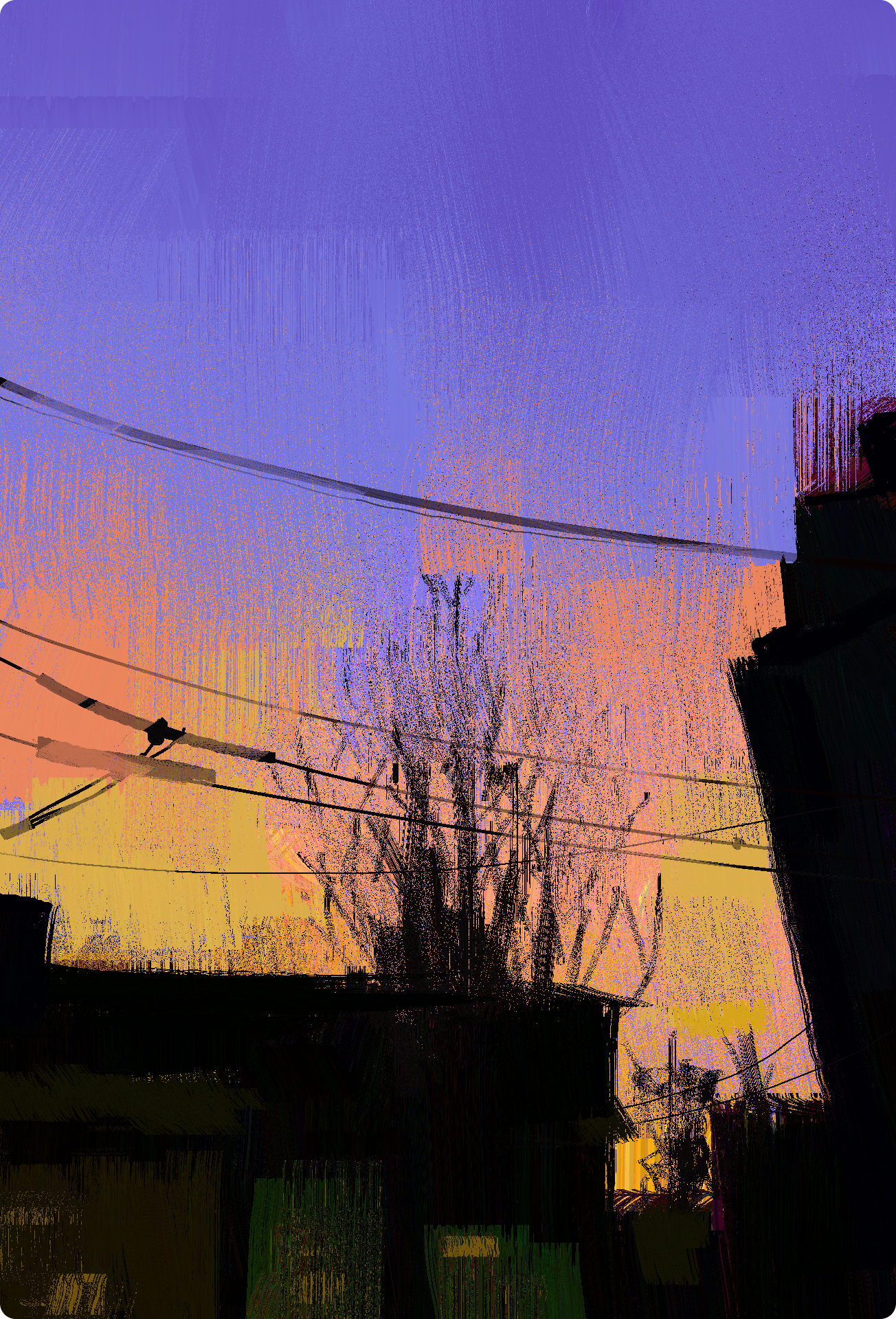 A rough painting of a purple, yellow, and orange sky at sunset, framed by shadowed buildings and power lines. The brush strokes are large and noisy; the trees are poorly scribbled.