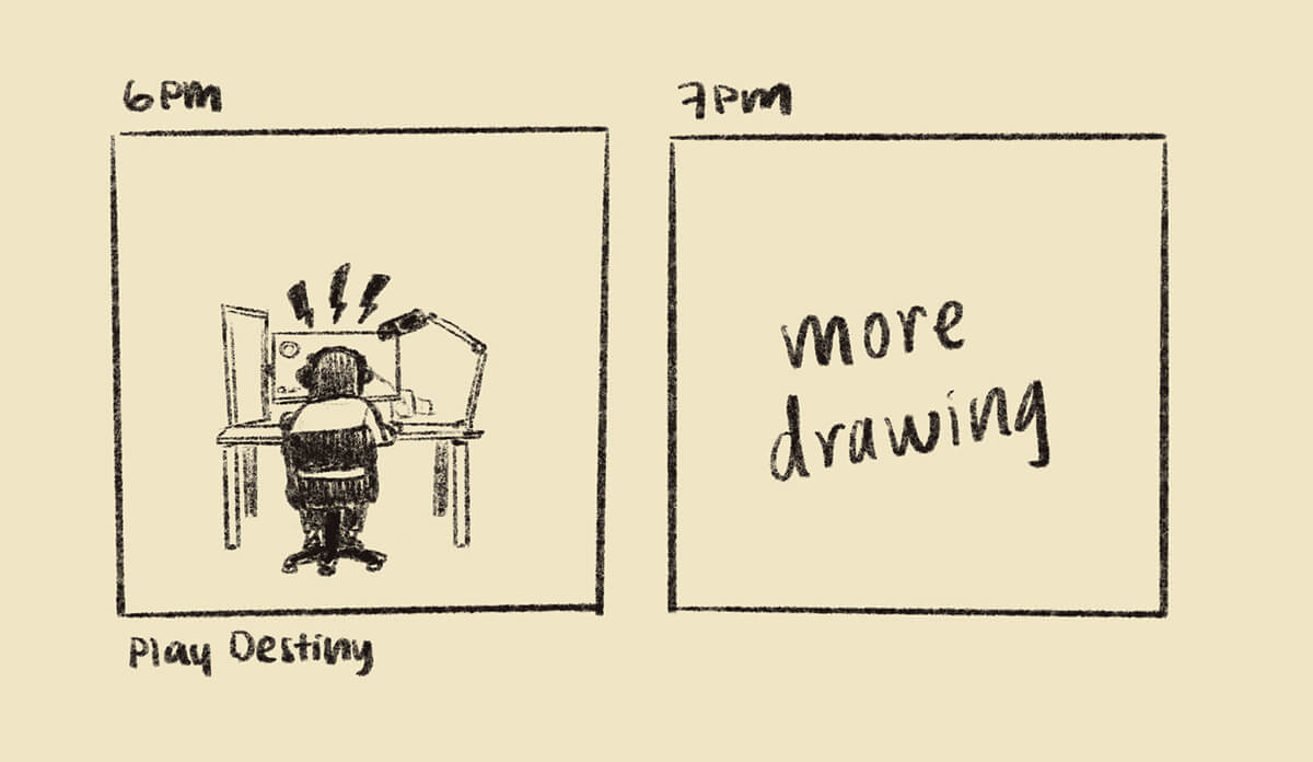 6pm: Play Destiny at my desk. 7pm: just a panel with text that says ‘more drawing’