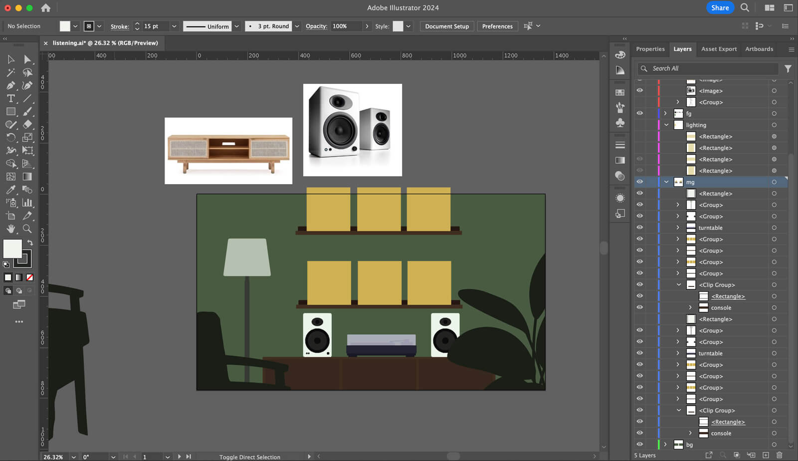 Illustrator screenshot showing the room drawn as simple vector shapes.