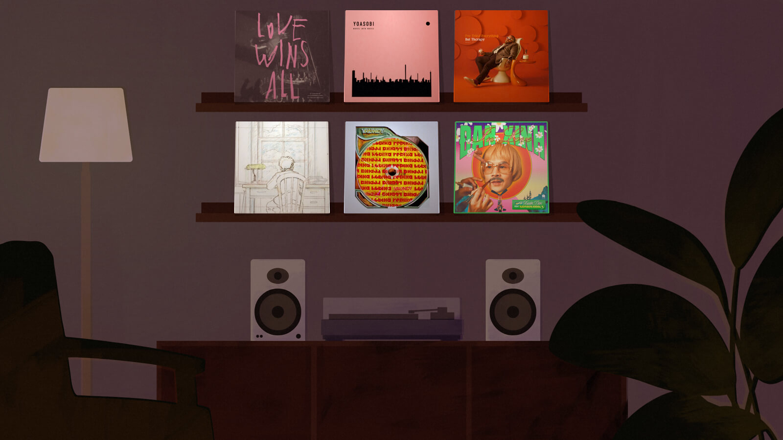 Web page showing a vector illustration of a room with a turntable and records displayed on the wall.